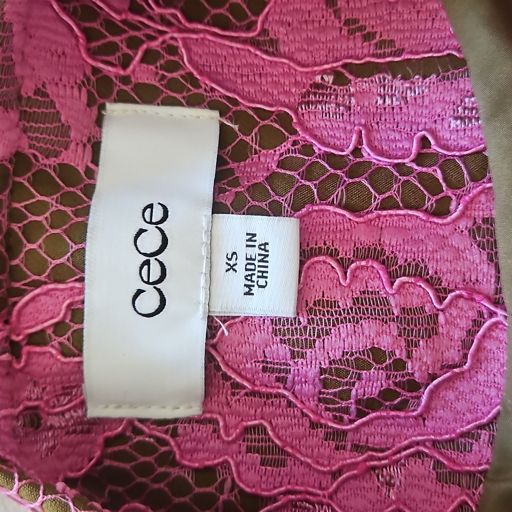 CeCe Antique Olive W/Pink Lace/ Rhinestone Button Cropped Collarless Jacket: XS - Picture 9 of 16